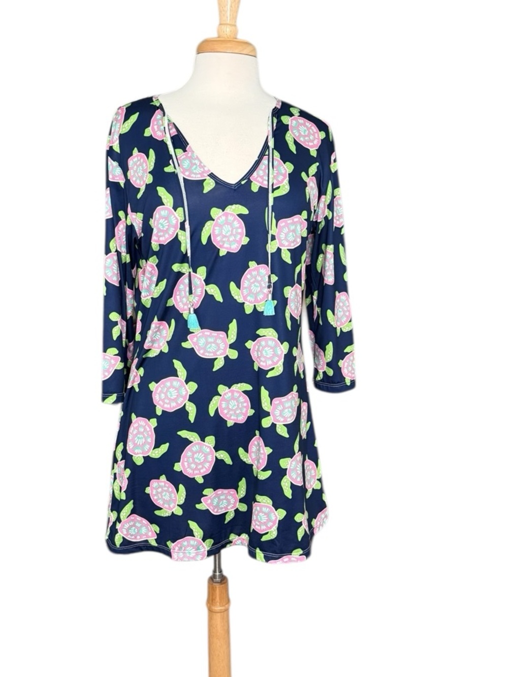Viv & Lou Navy V-Neck Tunic with Pink Turtles Bay Small